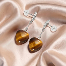Load image into Gallery viewer, 14k White Solid Gold Diamond &amp; Heart Brown Tiger Eye Dangle Stud Earrings