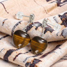 Load image into Gallery viewer, 14k White Solid Gold Diamond &amp; Heart Brown Tiger Eye Dangle Stud Earrings