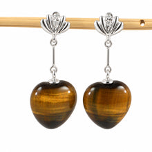 Load image into Gallery viewer, 14k White Solid Gold Diamond &amp; Heart Brown Tiger Eye Dangle Stud Earrings