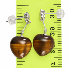 Load image into Gallery viewer, 14k White Solid Gold Diamond &amp; Heart Brown Tiger Eye Dangle Stud Earrings