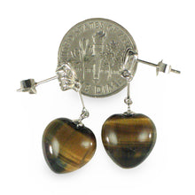 Load image into Gallery viewer, 14k White Solid Gold Diamond &amp; Heart Brown Tiger Eye Dangle Stud Earrings
