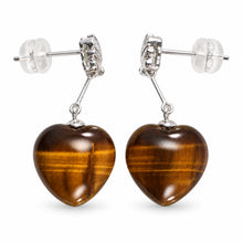 Load image into Gallery viewer, 14k White Solid Gold Diamond &amp; Heart Brown Tiger Eye Dangle Stud Earrings