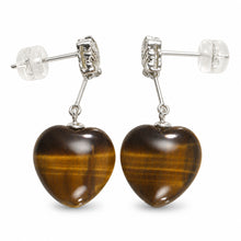 Load image into Gallery viewer, 14k White Solid Gold Diamond &amp; Heart Brown Tiger Eye Dangle Stud Earrings