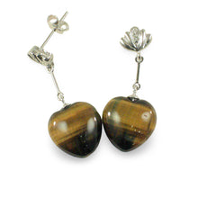 Load image into Gallery viewer, 14k White Solid Gold Diamond &amp; Heart Brown Tiger Eye Dangle Stud Earrings