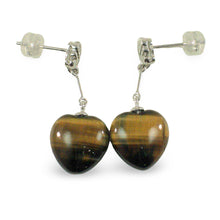 Load image into Gallery viewer, 14k White Solid Gold Diamond &amp; Heart Brown Tiger Eye Dangle Stud Earrings