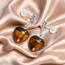 Load image into Gallery viewer, 14k White Solid Gold Diamond &amp; Heart Brown Tiger Eye Dangle Stud Earrings