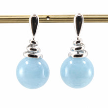 Load image into Gallery viewer, 14k White Gold Swirl Top Design Blue Aquamarine Dangle Stud Earrings