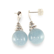 Load image into Gallery viewer, 14k White Gold Swirl Top Design Blue Aquamarine Dangle Stud Earrings