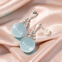 Load image into Gallery viewer, 14k White Gold Swirl Top Design Blue Aquamarine Dangle Stud Earrings
