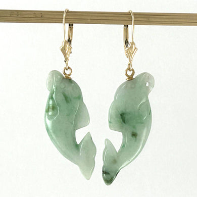 14K Yellow Gold “Good Fortune” Dolphin-Shaped Jade Earrings