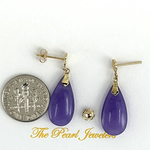 14K Yellow Gold Blessing Dangle Flat Raindrop Lavender Jade Earrings