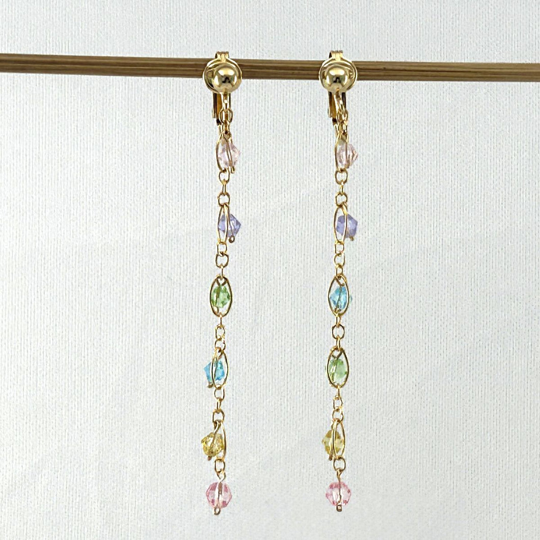14K Yellow Gold-Filled Non-Pierced Clip-On Rainbow Glass Bead Earrings