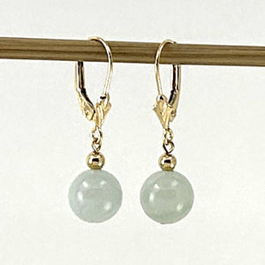 14K Yellow Gold Leverback Round Jade Drop Earrings