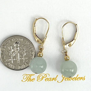 14K Yellow Gold Leverback Round Jade Drop Earrings
