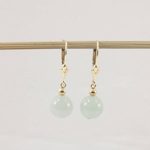 14K Yellow Gold Leverback Round Jade Drop Earrings