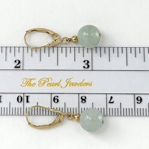 14K Yellow Gold Leverback Round Jade Drop Earrings