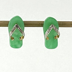 14K Yellow Gold Diamond Flip-Flop Slipper Green Jade Stud Earrings