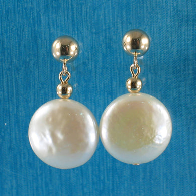 14K Yellow Gold Coin White Pearl Dangle Earrings (12mm)
