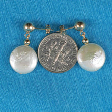 Load image into Gallery viewer, 14K Yellow Gold Coin White Pearl Dangle Earrings (12mm)