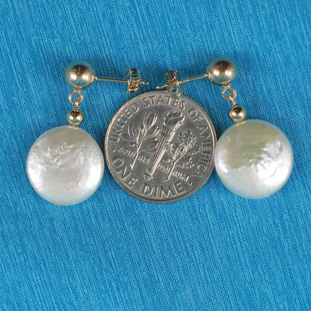 14K Yellow Gold Coin White Pearl Dangle Earrings (12mm)