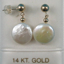 Load image into Gallery viewer, 14K Yellow Gold Coin White Pearl Dangle Earrings (12mm)