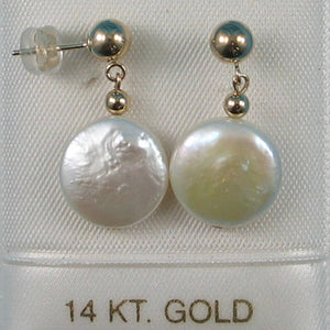14K Yellow Gold Coin White Pearl Dangle Earrings (12mm)