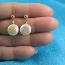 Load image into Gallery viewer, 14K Yellow Gold Coin White Pearl Dangle Earrings (12mm)
