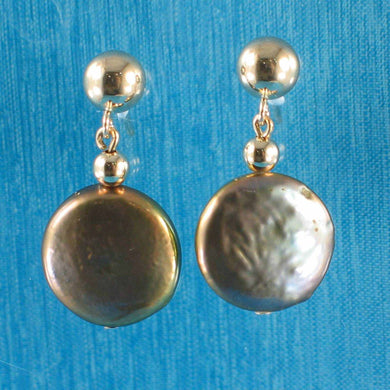 14K Yellow Gold Gray-Green Coin Pearl Dangle Earrings (10.5mm)