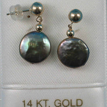 Load image into Gallery viewer, 14K Yellow Gold Gray-Green Coin Pearl Dangle Earrings (10.5mm)