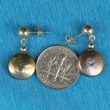 Load image into Gallery viewer, 14K Yellow Gold Gray-Green Coin Pearl Dangle Earrings (10.5mm)