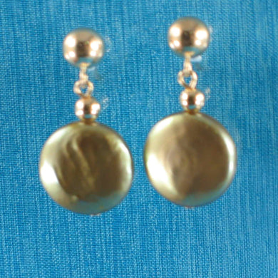 14K Yellow Gold Green Coin Pearl Dangle Earrings (10.5mm)