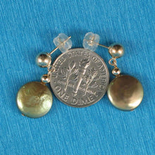 Load image into Gallery viewer, 14K Yellow Gold Green Coin Pearl Dangle Earrings (10.5mm)