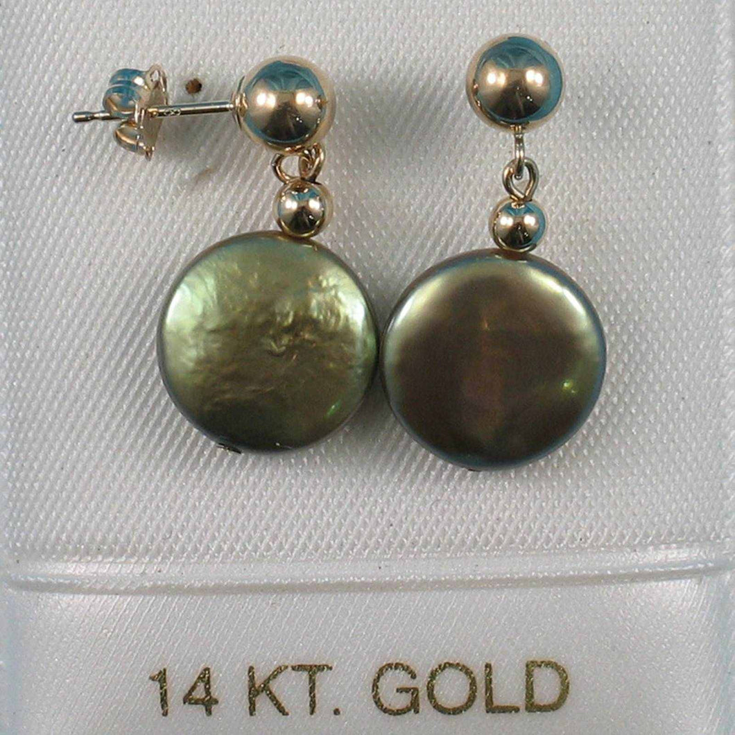 14K Yellow Gold Green Coin Pearl Dangle Earrings (10.5mm)