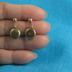 14K Yellow Gold Green Coin Pearl Dangle Earrings (10.5mm)