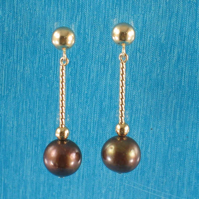 14K Yellow Gold Twist Tube Tin-Cup Chocolate Pearl Dangle Earrings