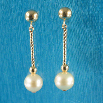 14K Yellow Gold Twist Tube Tin-Cup Peach Pearl Dangle Earrings