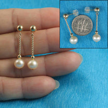 Load image into Gallery viewer, 14K Yellow Gold Twist Tube Tin-Cup Peach Pearl Dangle Earrings
