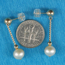 Load image into Gallery viewer, 14K Yellow Gold Twist Tube Tin-Cup Peach Pearl Dangle Earrings