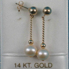 Load image into Gallery viewer, 14K Yellow Gold Twist Tube Tin-Cup Peach Pearl Dangle Earrings