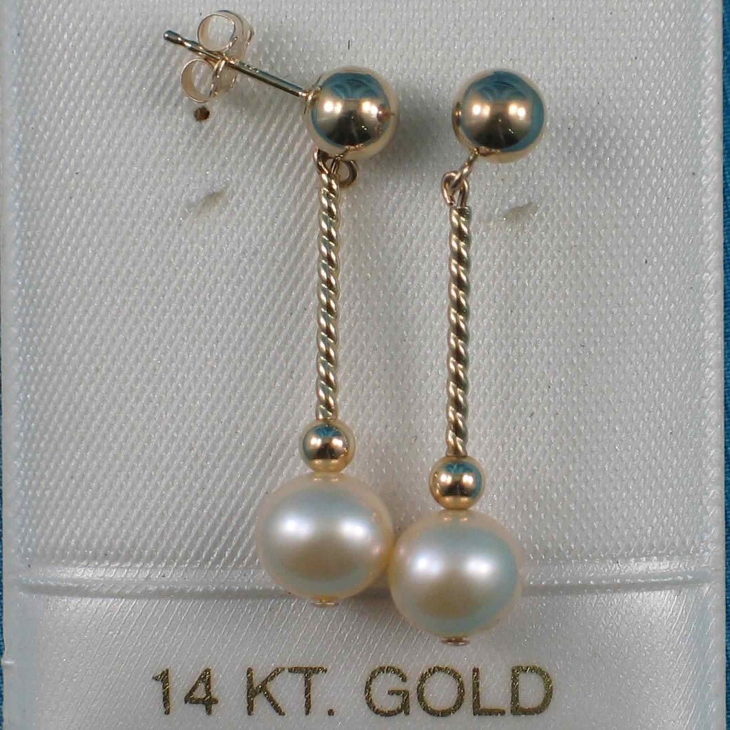 14K Yellow Gold Twist Tube Tin-Cup Peach Pearl Dangle Earrings