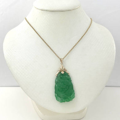 14k Solid Yellow Gold Beautiful Hand Carving on Both Sides Green Jade Pendant