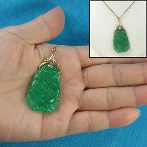 14k Solid Yellow Gold Beautiful Hand Carving on Both Sides Green Jade Pendant