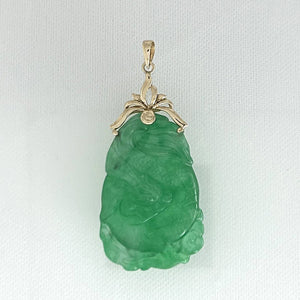 14k Solid Yellow Gold Beautiful Hand Carving on Both Sides Green Jade Pendant