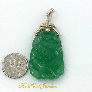 14k Solid Yellow Gold Beautiful Hand Carving on Both Sides Green Jade Pendant