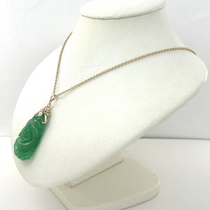 14k Solid Yellow Gold Beautiful Hand Carving on Both Sides Green Jade Pendant