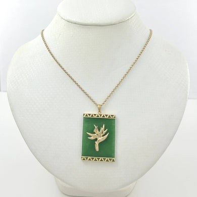 14k Solid Gold Bird of Paradise & Greek Key Green Jade Pendant