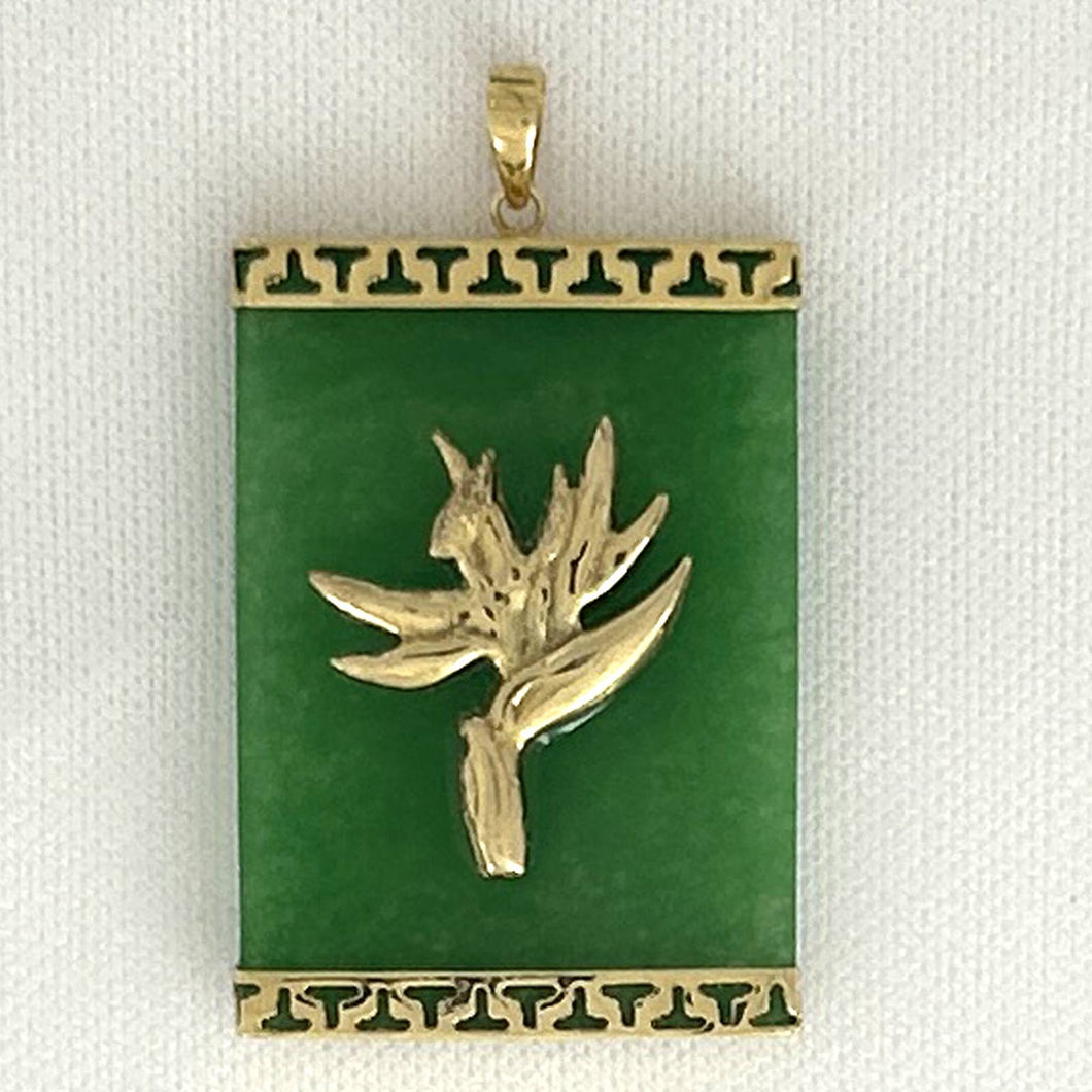 14k Solid Gold Bird of Paradise & Greek Key Green Jade Pendant