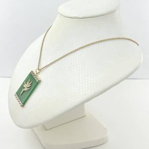 14k Solid Gold Bird of Paradise & Greek Key Green Jade Pendant