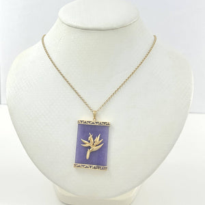 14k Solid Gold Hawaiian Bird of Paradise Greek Key Lavender Jade Pendant
