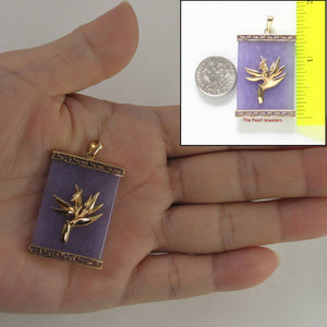 14k Solid Gold Hawaiian Bird of Paradise Greek Key Lavender Jade Pendant